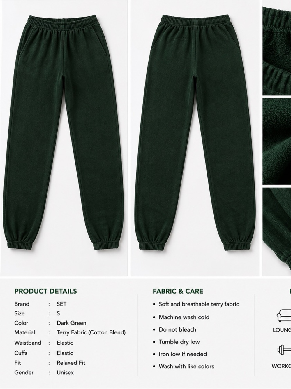 SET Active Dark Green Terry Track Pants
